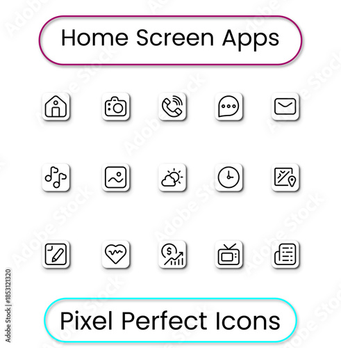 Mobile home screen app icons designed for smartphone UI, app menus and digital dashboards perfect for modern interface and UX projects.
