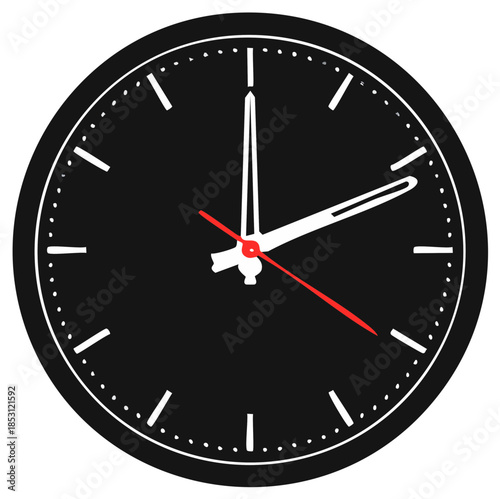 Round Black Clock with White Hands and Red Second Hand Reads Ten O Two Illustration