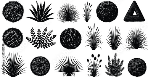 Plant and shrub silhouette illustration set featuring decorative garden bushes grasses and foliage elements isolated on white background for landscape design
