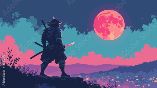 A futuristic cyborg samurai standing on a neon-lit rooftop, looking at a digital red moon. Cyberpunk flat vector, cyan and magenta accents