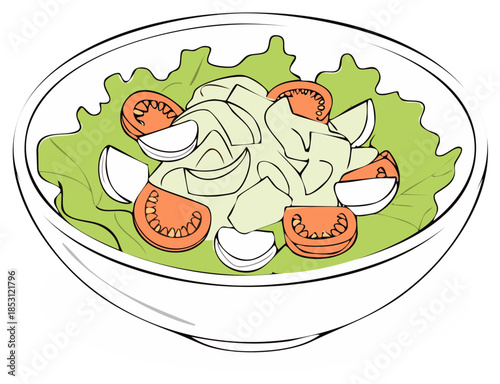 Fresh garden salad illustration with crisp lettuce, ripe tomatoes, and onion slices in a bowl