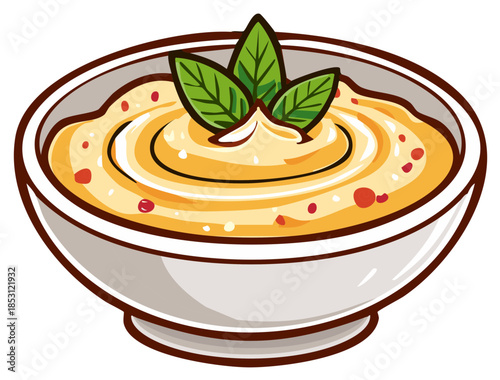 A delicious bowl of creamy hummus or dip garnished with fresh mint leaves and spices cartoon illustration