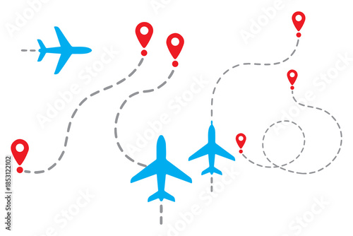 Airplane flight path icon set, dashed travel route clipart with location markers