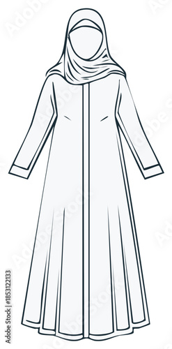 Islamic traditional long dress abaya with headscarf or hijab line art illustration vector graphic