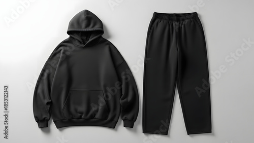 Black Oversized Hoodie and Sweatpants Mockup. Blank Fleece Tracksuit Set Template for Apparel Design and Branding Presentation.
