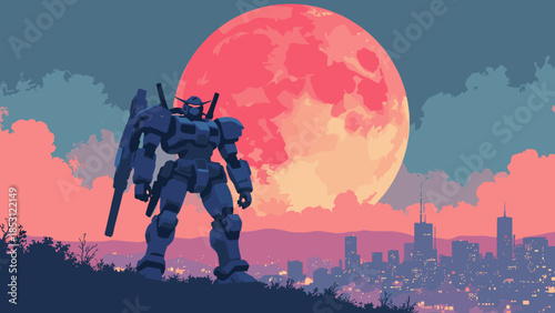 A mecha robot silhouette standing guard over a futuristic Tokyo, giant red moon overhead. Anime style flat vector art