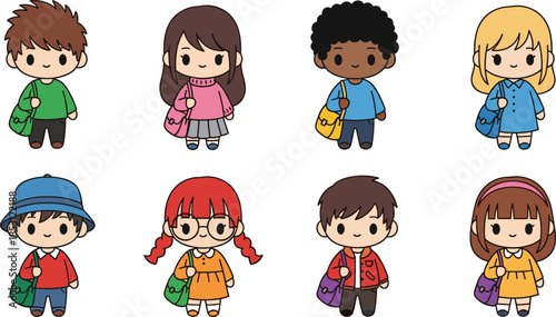 Set of cute cartoon school children characters with backpacks, colorful kids illustration vector collection isolated on white background