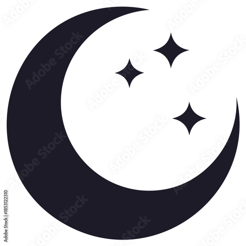 Crescent Moon and Stars Simple Graphic Illustration, Celestial Nighttime, Astrology and Dreams, Mystical Theme, Single Object, Flat Design
