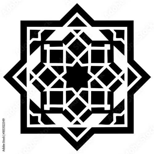 Geometric Islamic star pattern motif symmetrical black and white intricate design element