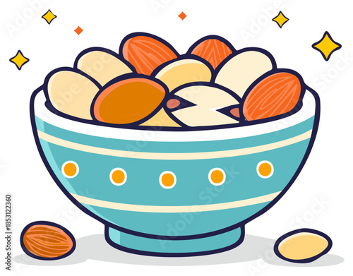 Whimsical cartoon art of a striped bowl filled with fresh almonds and pistachios