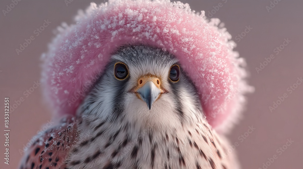 Obraz premium Adorable portrait of a common kestrel falcon wearing a pink fluffy winter hat with snow, funny bird character in a cold winter setting, whimsical wildlife photography concept