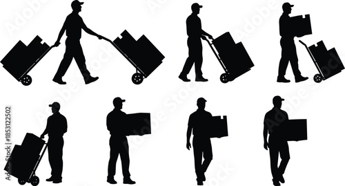 Set of delivery worker silhouettes carrying boxes and hand trucks, logistics courier poses, black isolated vector illustration for transportation concepts