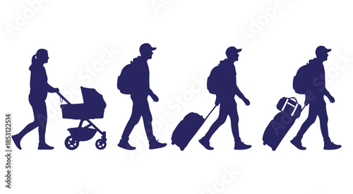Silhouettes depicting various people walking and traveling with luggage and baby stroller
