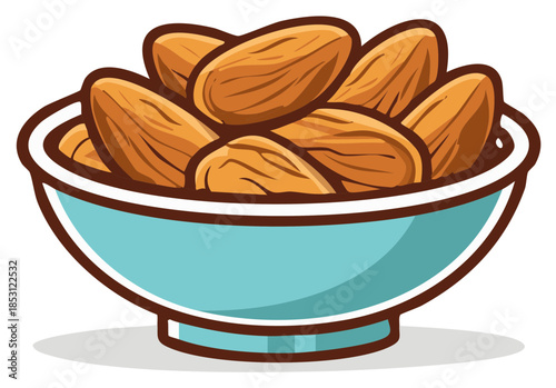 Cartoon illustration of a blue bowl filled with healthy delicious almonds a nutritious snack