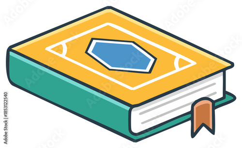 Stylized closed book with ornate yellow cover and teal binding and a ribbon bookmark