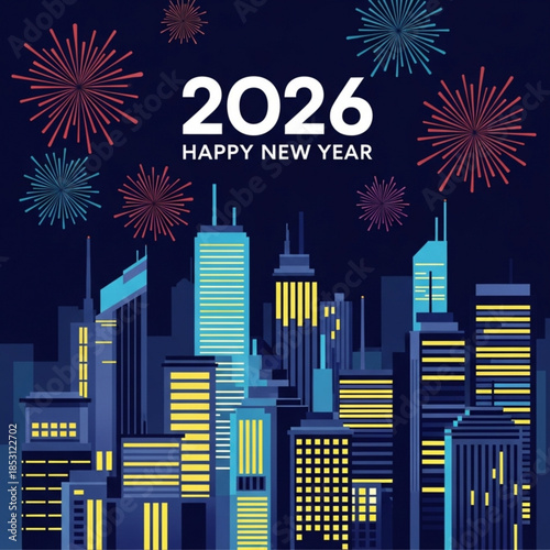 New Year's Eve Cityscape: As the clock strikes midnight, a vibrant cityscape explodes with fireworks, heralding the arrival of 2026 and the promise of a fresh start.