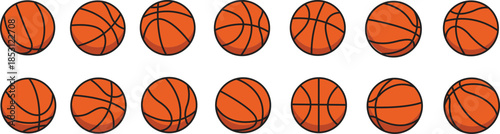 Set of basketball icons in outline, fill and color. Basketball icons set in different styles- stroke, outline, black, fill and orange left oriented isolated on white background