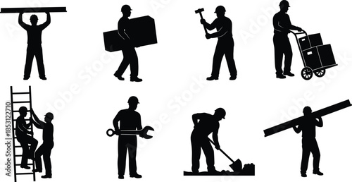 Set of construction worker silhouettes performing building tasks with tools and materials, labor activities, black isolated vector illustration collection