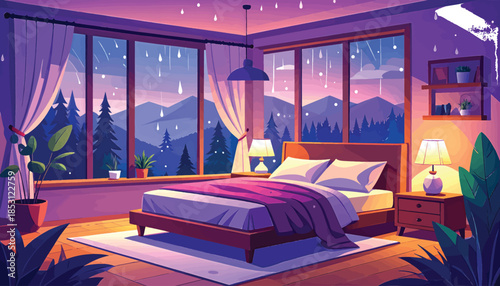 Cozy Bedroom with Mountain View and Falling Snow, Cozy Atmosphere