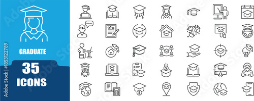 Education and Graduation Outline Icons Set – diploma, worldwide, certificate, pride, program, progress, graduate, expertise, Vector Collection. Editable stroke. Vector illustration