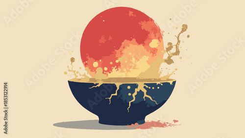 A Kintsugi bowl (gold repair) where the gold cracks form the shape of a red moon. Conceptual art, flat vector