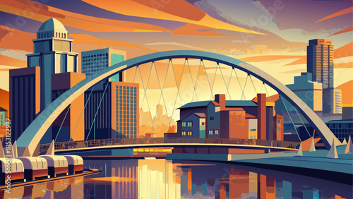 Very beautiful urban view of the iconic Clyde Arch bridge spanning the River Clyde, blending modern engineering with Glasgow’s cityscape under soft daylight and dynamic architectural lines.