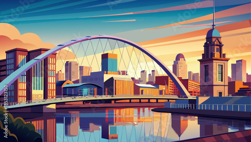 Very beautiful urban view of the iconic Clyde Arch bridge spanning the River Clyde, blending modern engineering with Glasgow’s cityscape under soft daylight and dynamic architectural lines.