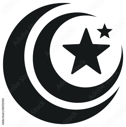 Crescent Moon and Stars Symbol, Black and White, Islamic or Turkish Flag Icon Vector