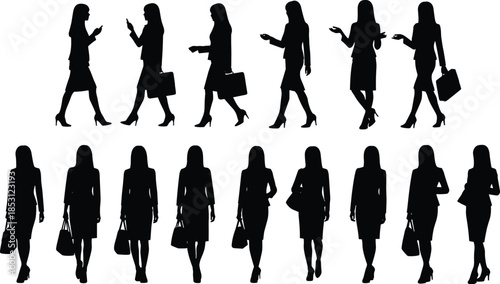 Set of elegant business woman silhouettes walking, talking and carrying handbags, professional female poses, black isolated vector illustration collection