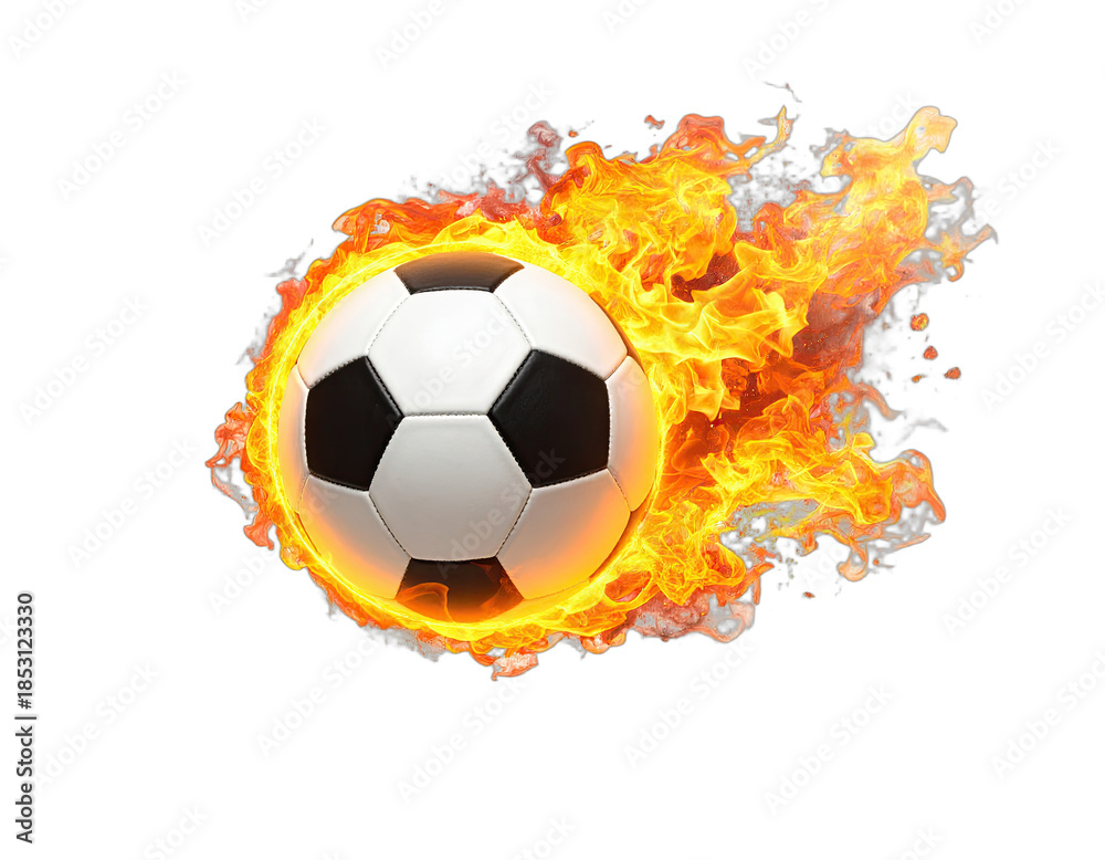 Fototapeta premium A soccer ball engulfed in vibrant flames against a stark black background
