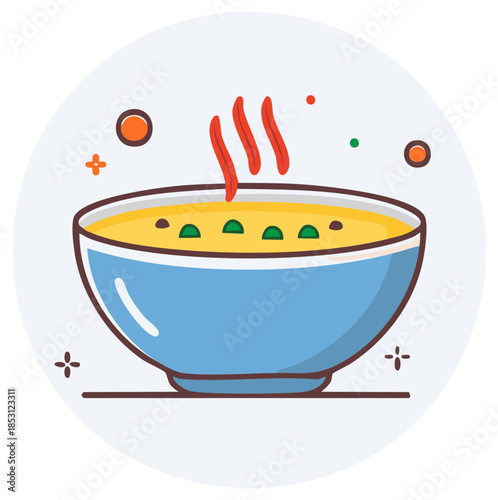 Colorful Cartoon Icon of a Hot Steaming Bowl of Vegetable Soup