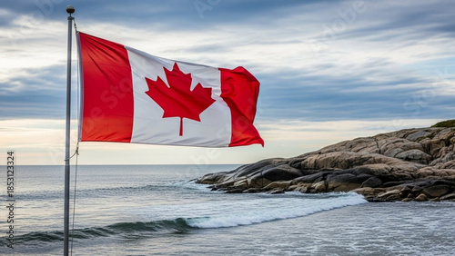 Canadian flag waving proudly by the ocean with rocky coastline views