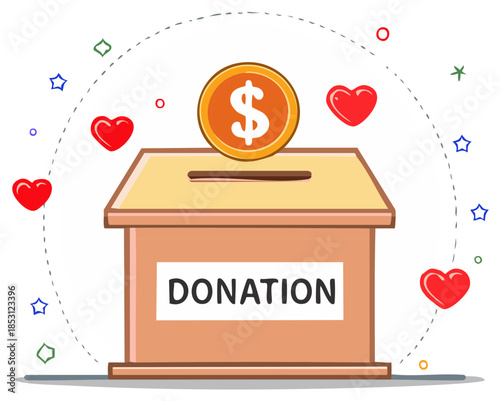 Illustrative Donation Box for Charity with Dollar Coin Hearts and Stars