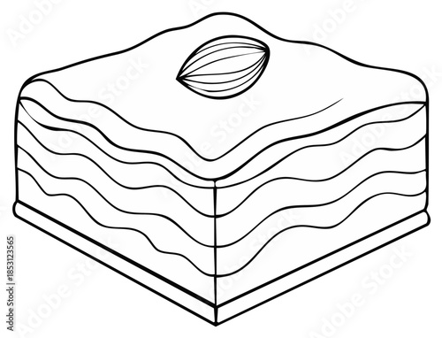 Classic Baklava Sweet Pastry Layers Topped with Almond Outline Drawing