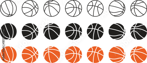 Basketball icon set, collection of black and white basketball symbols, flat vector illustration, minimalist sports design for creative projects