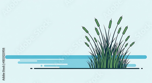 Minimalist Illustration of Green Cattail Reeds Growing by Tranquil Water in a Serene Nature Scene
