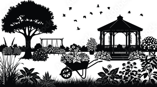 Garden park silhouette landscape, gazebo trees flowers wheelbarrow birds swing, detailed nature scenery vector illustration outdoor design concept