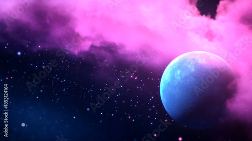 Vibrant cosmic landscape with electric magenta nebula and blue planets