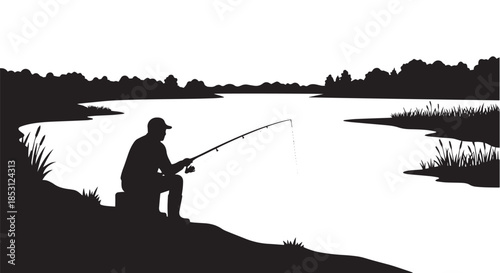 Silhouette of a man fishing on a lake at sunset