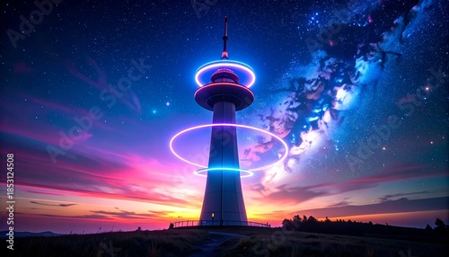  Silhouette of futuristic tower with rotating neon rings in night sky