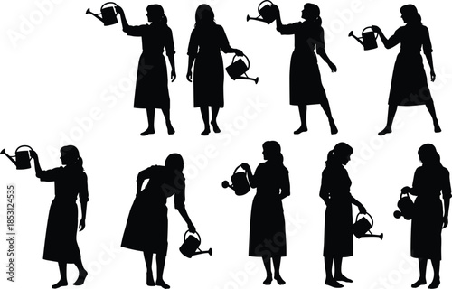 Woman gardening silhouettes set, female figures watering plants with cans, black vector illustration collection for garden design projects stock usage