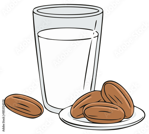 Glass of fresh almond milk with shelled almonds sitting on a saucer in a cartoon style illustration