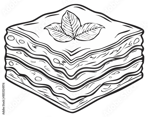 Lasagna Illustration in Black and White with Leaf Garnish