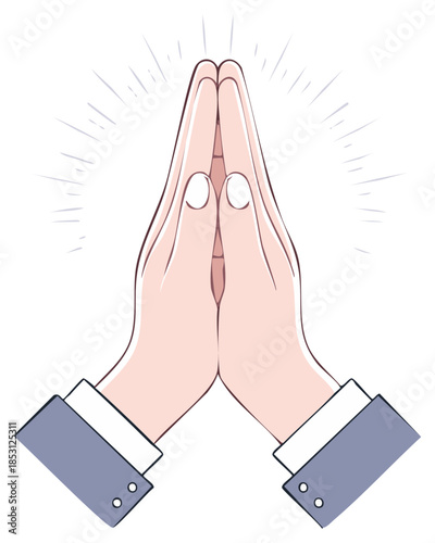 Hands clasped together, praying with emanating light effect, conceptual vector