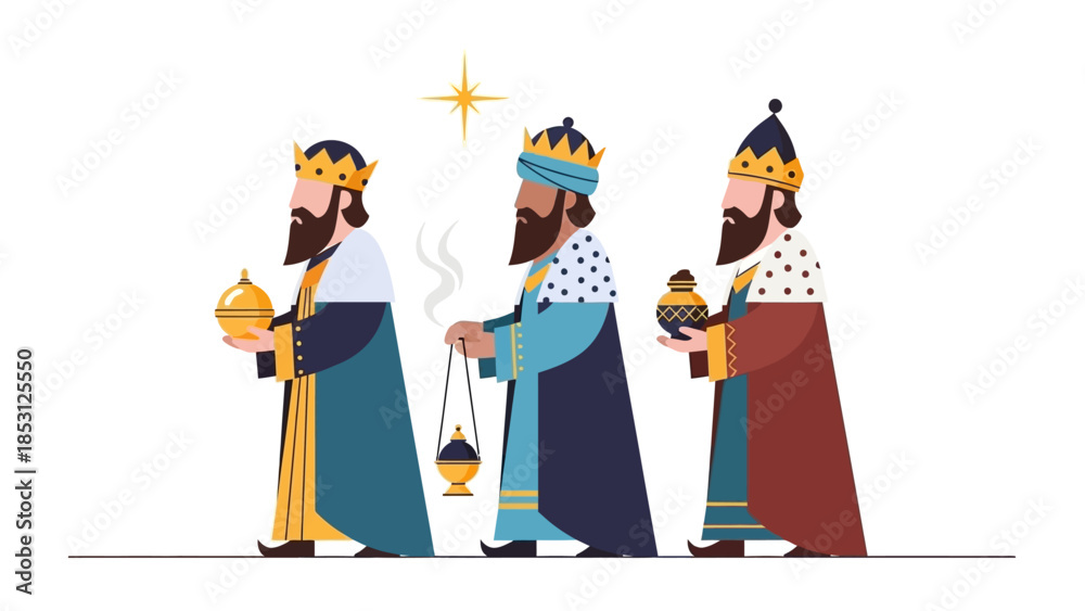 Obraz premium This flat design vector illustration shows the Three Kings, Balthazar, Melchior, and Caspar, presenting their iconic gifts of gold, frankincense, and myrrh, embodying the spirit of Epiphany.