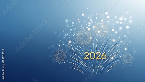 Happy new year 2026 celebration with sparkling fireworks and a festive blue background