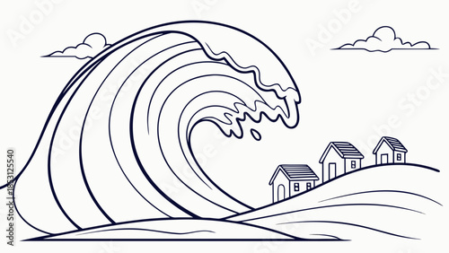 Minimalist vector art: A massive, curving wave rendered in simple shapes, about to crash onto a minimalist coastline with tiny, abstract houses. A serene, yet powerful scene with a dominant blue