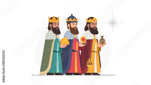 This flat design vector illustration shows the Three Kings, Balthazar, Melchior, and Caspar, presenting their iconic gifts of gold, frankincense, and myrrh, embodying the spirit of Epiphany.