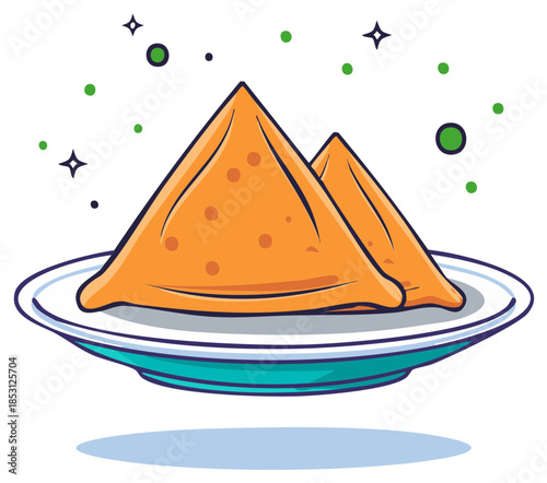 Cartoon samosas on a plate with decorative star and dot elements.