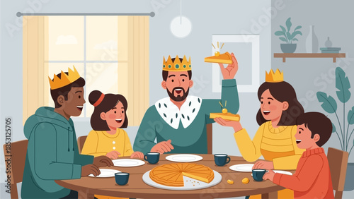 A heartwarming flat design illustration depicting a family enjoying a Galette des Rois together, celebrating Epiphany with laughter and tradition.